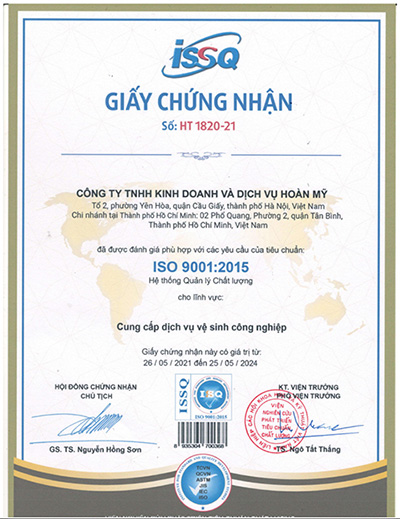 Giấy chứng nhận ISO 9001 2015 Hoàn Mỹ Clean